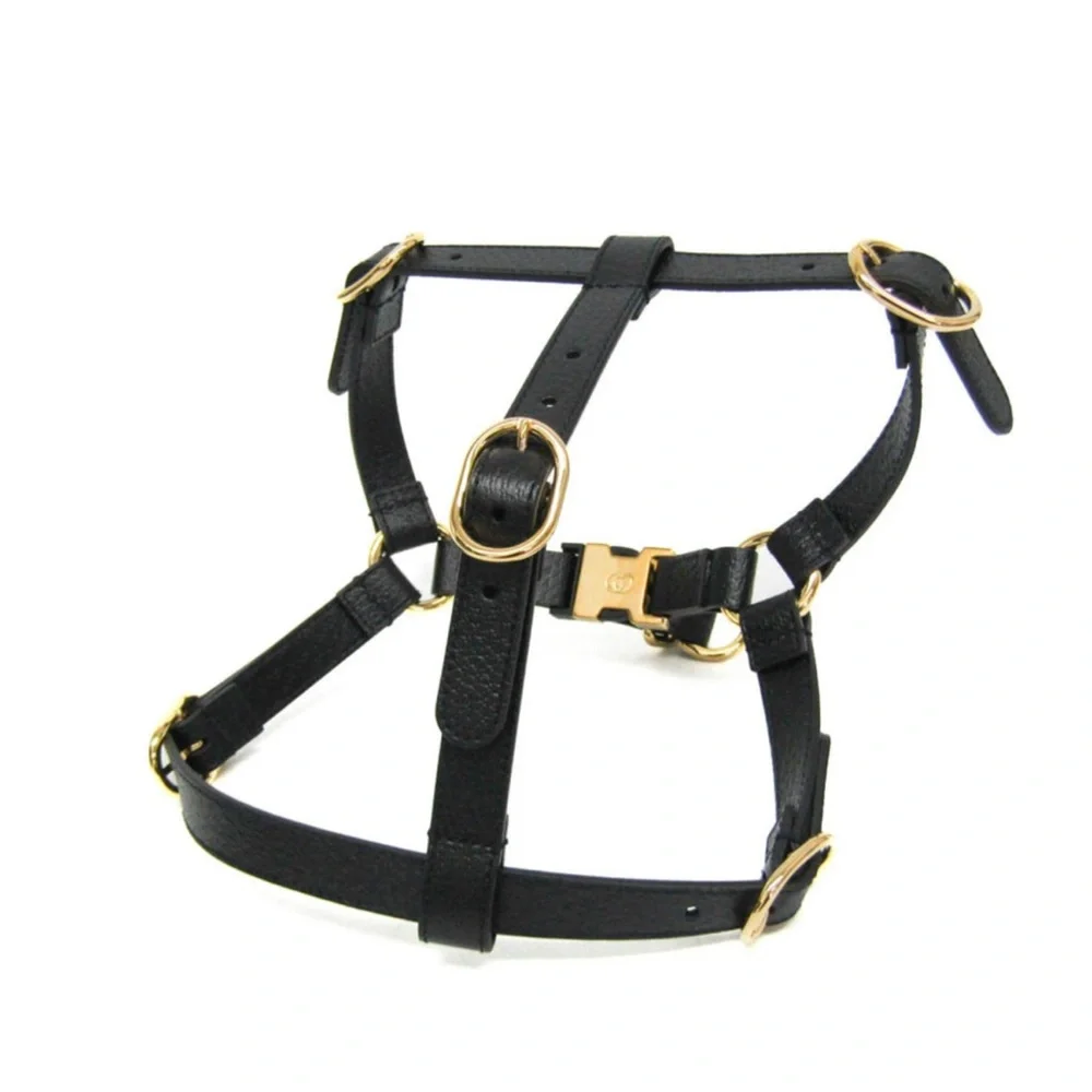 NWB Gucci GG Logo Black Leather Pet - Dog Harness with Gold Buckles Size M
